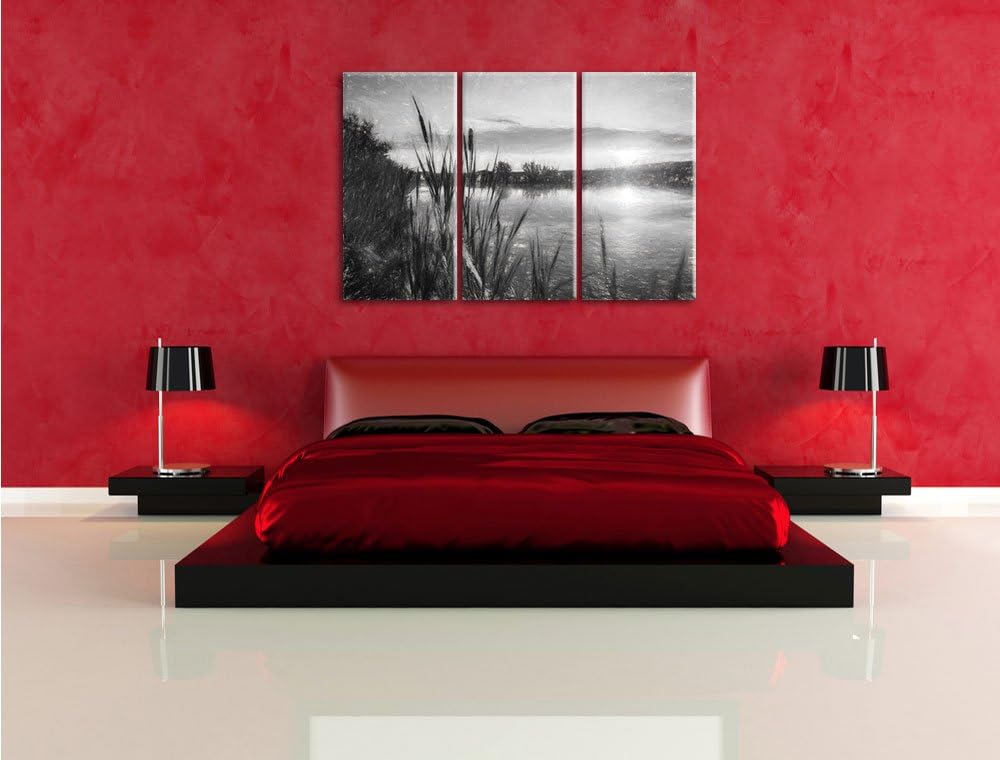 Pixxprint Sonniger Morgen am See Kohle Zeichnung Effekt 3-Teiler Leinwandbild 120x80 Bild auf Leinwa