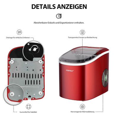 COSTWAY 2,2 L Eiswürfelmaschine 12kg/24H, Ice Maker 9 Eiswürfel in 6-13min, Elektrischer Eiswürfelbe