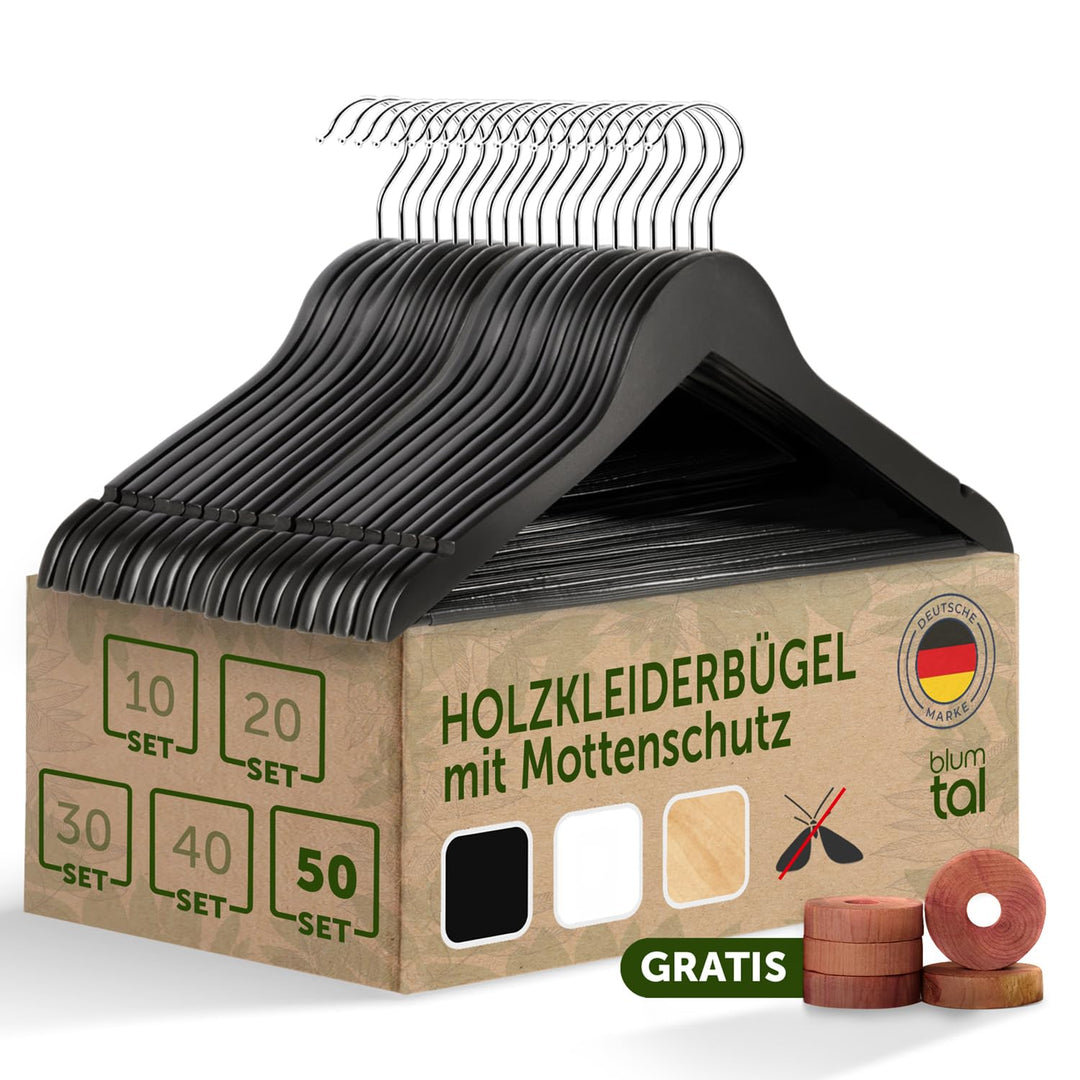 Blumtal Kleiderbügel Holz 50er Set - Holzbügel mit 360° drehbarem Metallhaken - Kleiderbügel Schwarz