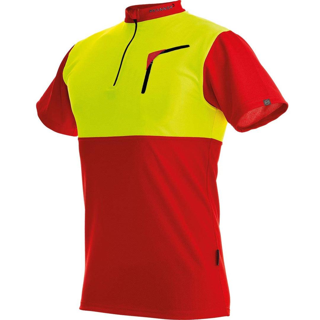 Pfanner Herren Zip-neck Shirt Short Sleeved Forst-Shirt mit Kurzarm, Mehrfarbig (Red-Neon Yellow), L