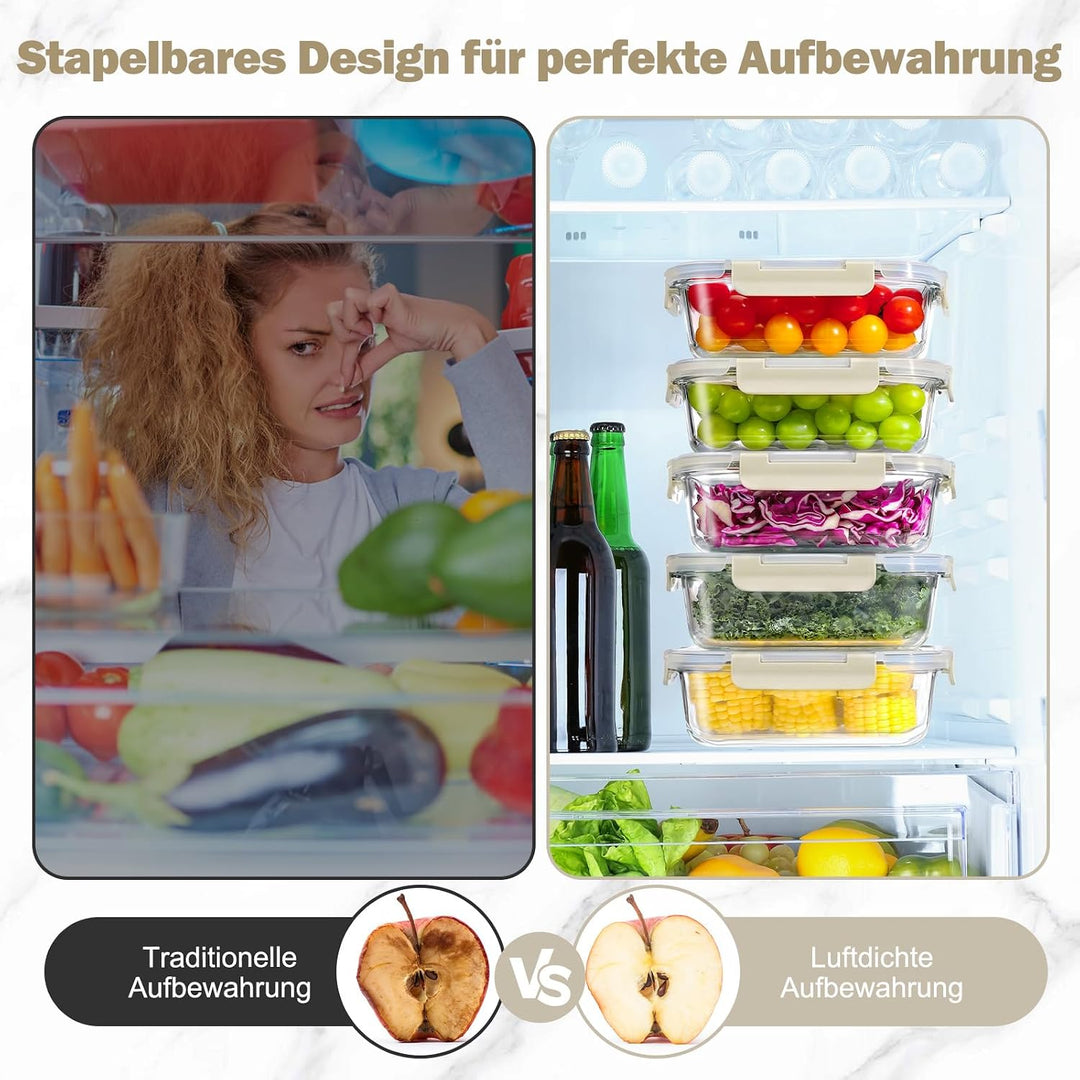 YASHE Glasbehälter mit Deckel, 10 Teile Stapelbar &amp; Luftdicht Meal Prep Boxen Glas für Spülmaschine,