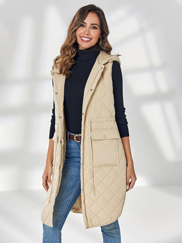 Wenrine Damen Weste Lang Ärmellose Winter Steppweste mit Kapuze und Taschen Casual S Khaki, S Khaki