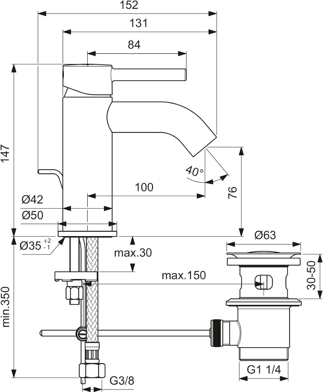 Ideal Standard BC193AA Ceraline Waschtischarmatur mit Push-Open Ventil mit Ablaufgarnitur