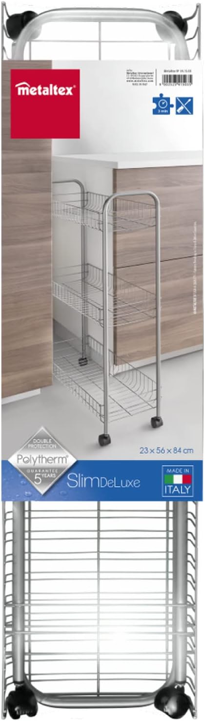 Metaltex Schmal, Servicewagen Slim Deluxe mit 3 Stufen 56x23x84cm, Metall, Edelstahloptik, 56 x 23 x