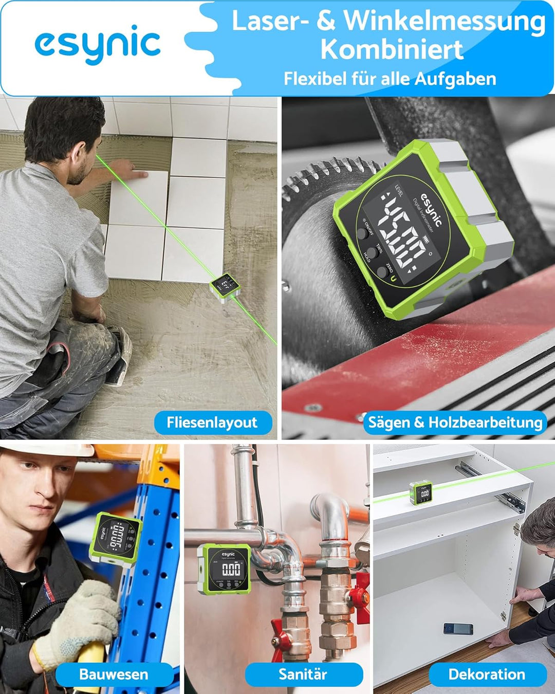 eSynic Digitaler Winkelmesser Neigungsmesser grüner Laser Wasserwaage mit LCD-VA Display 4-Seitiges