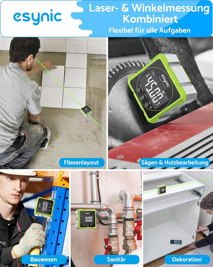 eSynic Digitaler Winkelmesser Neigungsmesser grüner Laser Wasserwaage mit LCD-VA Display 4-Seitiges