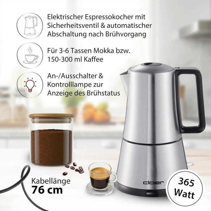 Cloer 5928 Espresso-Kocher / 365 W / für 3-6 Tassen Espresso / Edelstahlgehäuse Edelstahl 3-6 Tassen