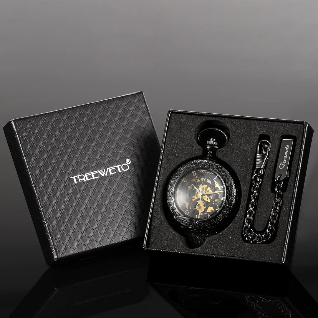 TREEWETO Unisex Taschenuhr mit Kette Analog Handaufzug Antik Skelett Lupe Schwarz