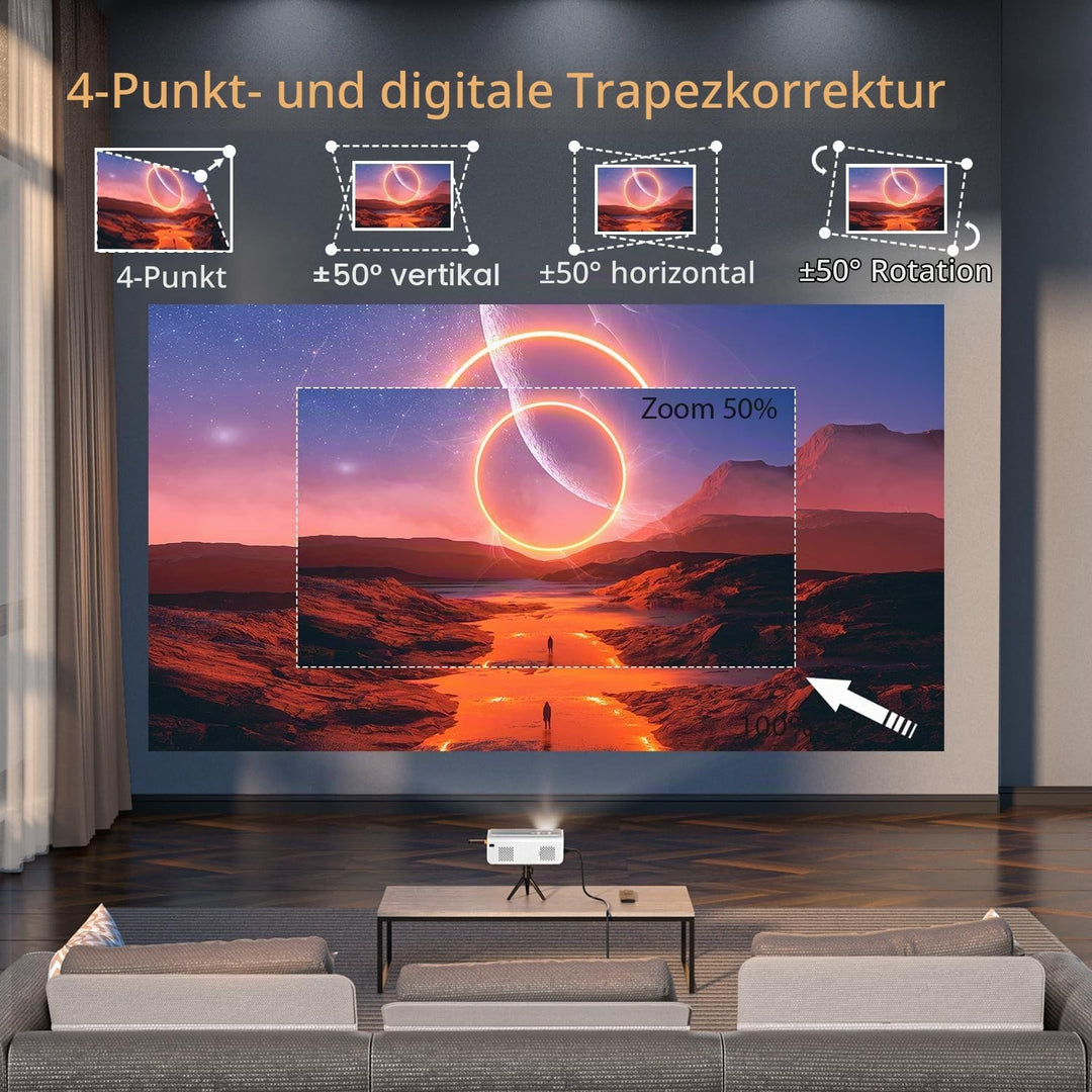Smart Beamer【Elektrische Keystone 6D/4P】 VOPLLS Elektrische Fokus 24000 Lumen Beamer 4K Unterstützt,