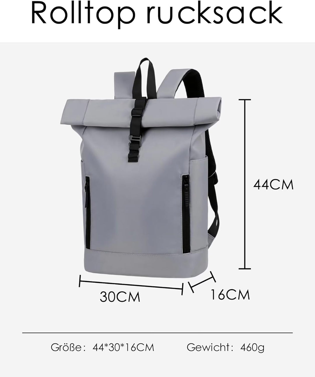 Rolltop Rucksack Herren Wasserdicht Grau Laptop Rucksack mit Computerfach 16 Zoll Elegant Reiserucks