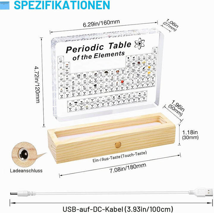 Jeebel Periodensystem der Echten Elementen, Periodensystem aus Acryl der LED Tischlampe mit 83 echte