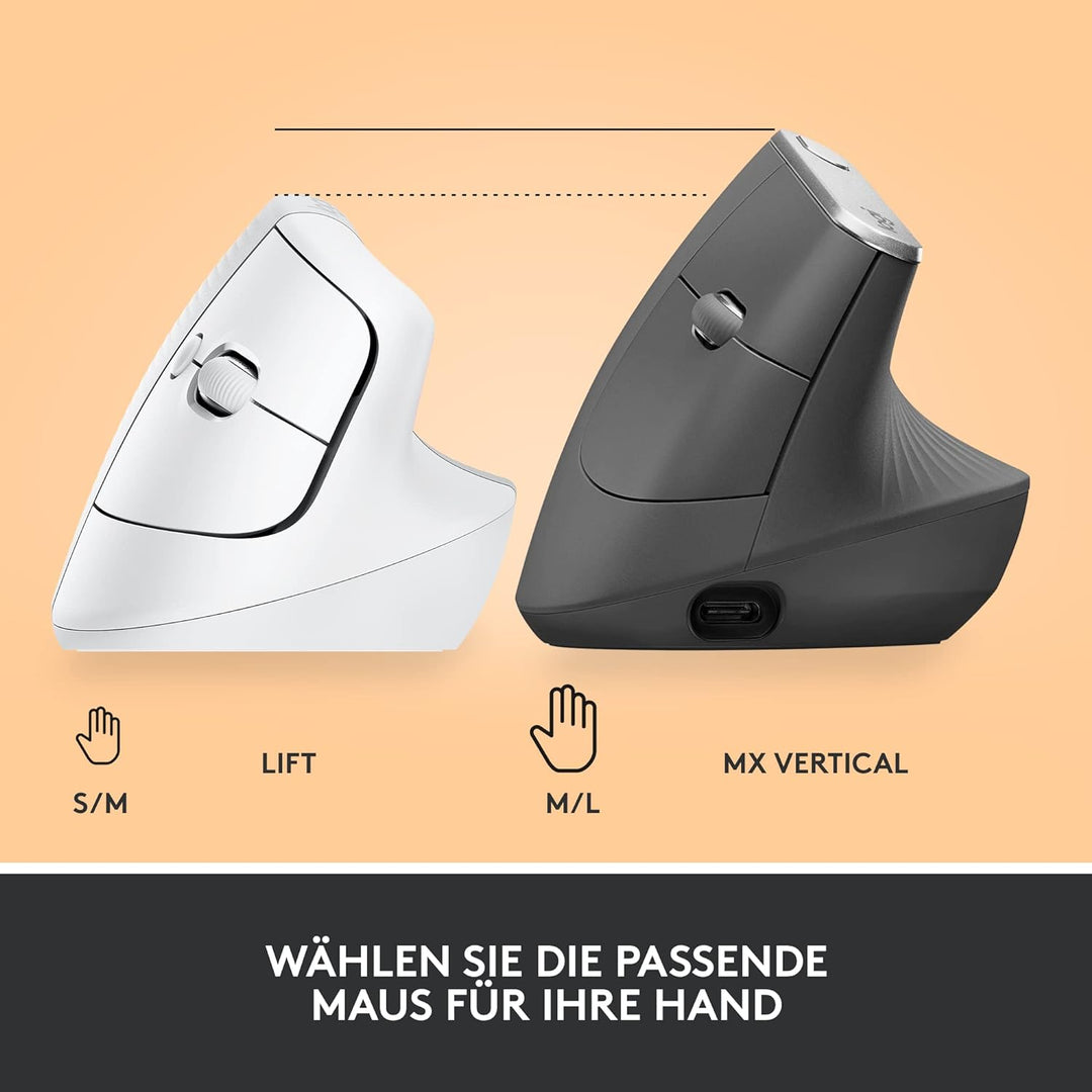 Logitech Lift Vertikale Ergonomische Maus, Kabellos, Bluetooth oder Logi Bolt USB-Empfänger, Leise K