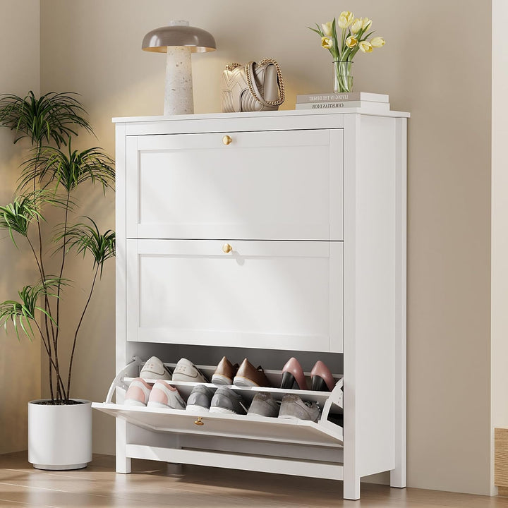 VOWNER Schuhschrank mit 3 Klappen, Schuhregal Schuhkipper Schmal, Schuhschrank Weiss, mit 6 Fächern,