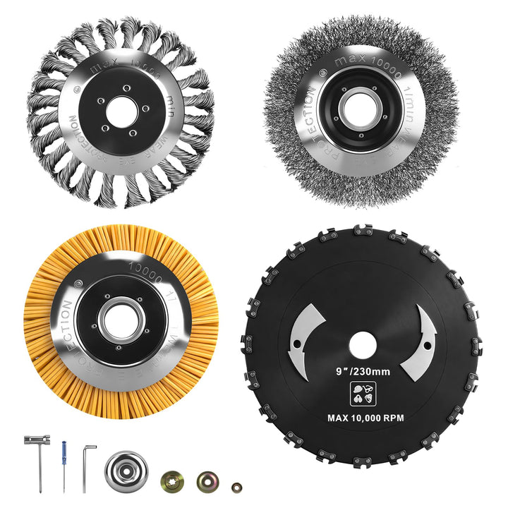 4-IN-1 Rasenmäher-Werkzeugset inkl. Profi 230 mm Unkrautbürste für Freischneider, 25,4 mm Sägeblatt,