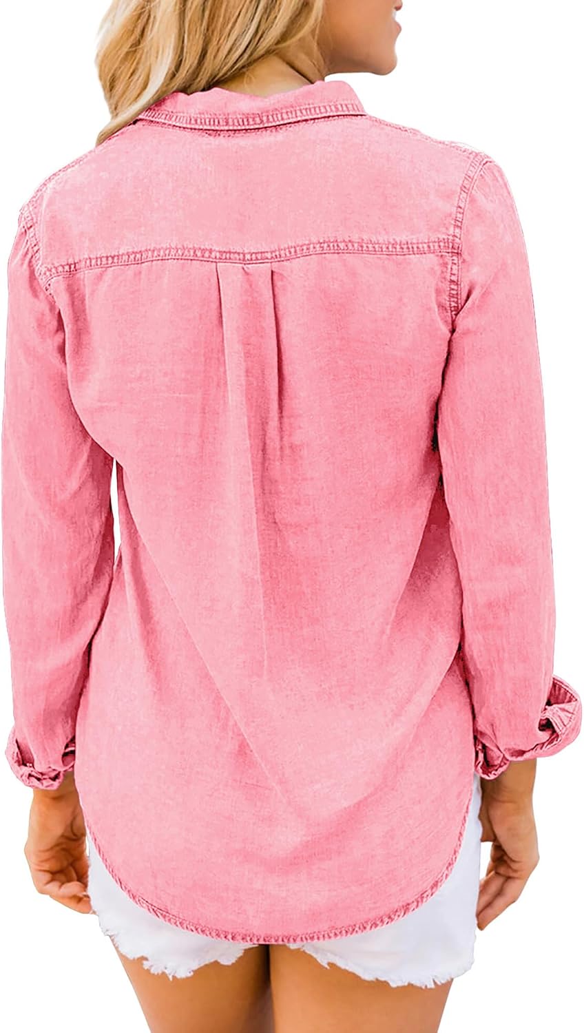 Damen Jeanshemd - Damen Western Hemden Tunika Langarm Button Down Oberteile L Aurora Rosa, L Aurora