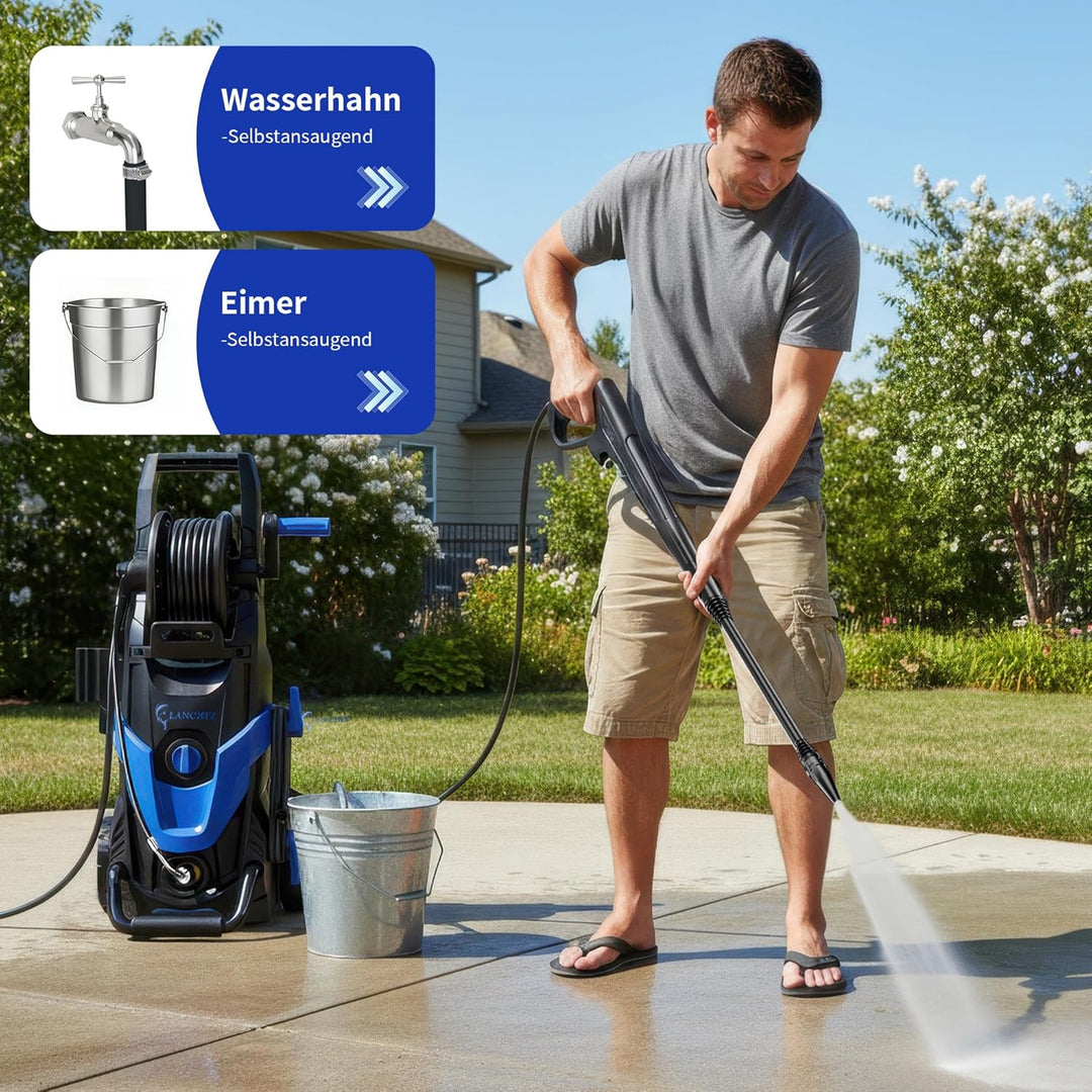 LANCHEZ Hochdruckreiniger 180 bar max Druck, Fördermenge 480 l/h, 7-in-1-Zubehör Kit (500ml Schaumsp