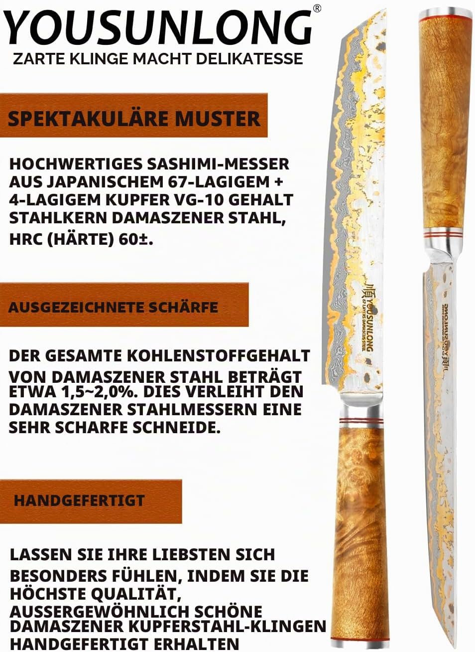 YOUSUNLONG Sashimi-Schneidemesser - 215mm Sujihiki Yanagiba Messer - Superscharfer Schnitt - Japanis