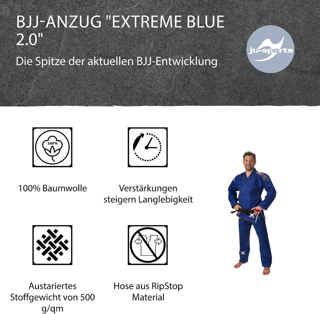 Ju-Sports BJJ Anzug EXTREME Blue 2.0 I Solider Brazilian Jujutsu Anzug aus hochreissfestem Stoff I B
