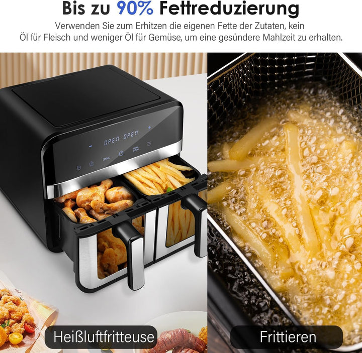 Dual Zone Heissluftfritteuse mit Sichtfenster, 9L XL Kapazität Doppel-Airfryer, 2 Schubladen, 8-in-1