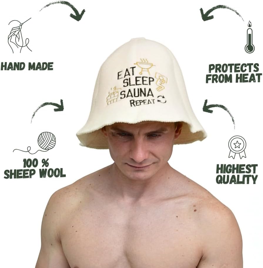 Sauna Guru Saunahut 'Eat, Sleep, Sauna, Repeat' White - 100% organische Wollfilzmützen - Schützen Si