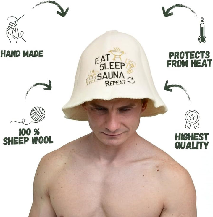 Sauna Guru Saunahut 'Eat, Sleep, Sauna, Repeat' White - 100% organische Wollfilzmützen - Schützen Si