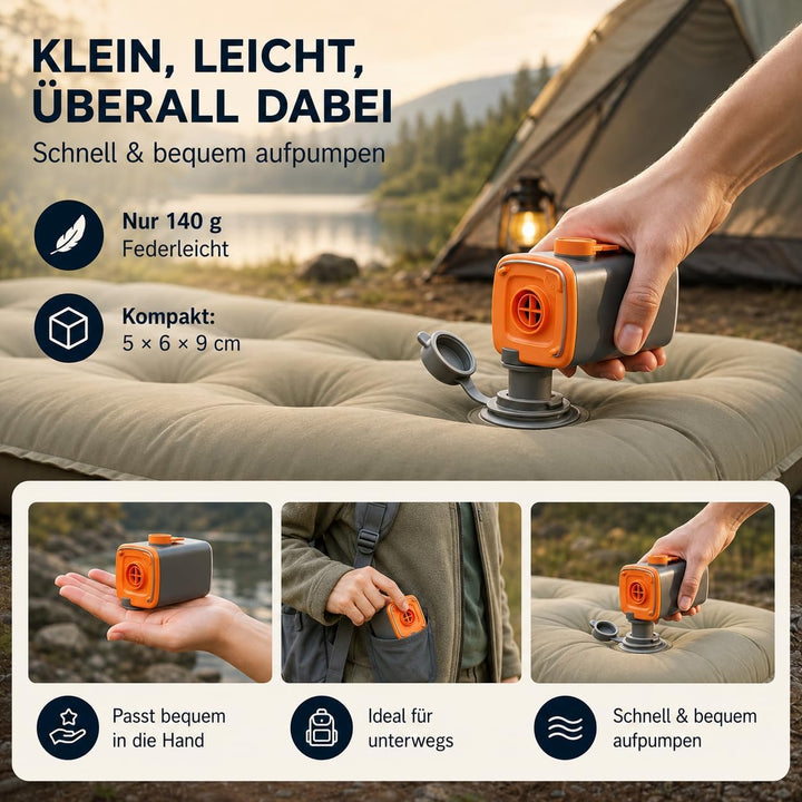 Elektrische Luftpumpe Akku Mini 3 in 1 mit 5 Düsen | 140g ultraleicht, 300L/min Luftstrom, Campingli
