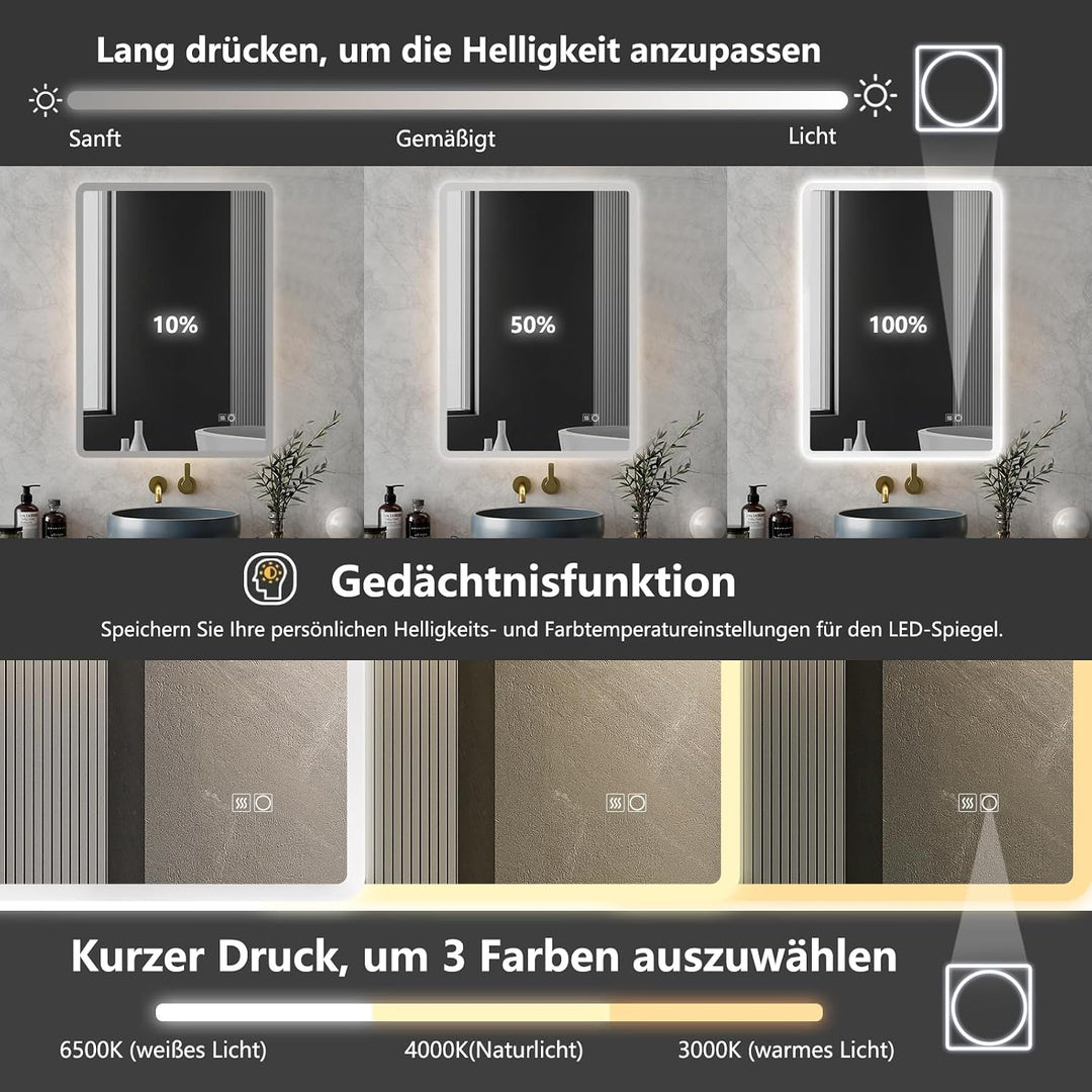 LED Badezimmerspiegel 80x60 cm, dimmbar, beschlagfrei, IP44 3 Lichtfarbe + Dimmbar 80L x 60B cm, 3 L