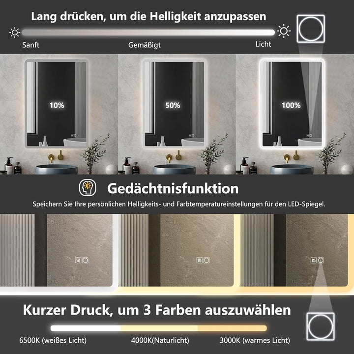 LED Badezimmerspiegel 80x60 cm, dimmbar, beschlagfrei, IP44 3 Lichtfarbe + Dimmbar 80L x 60B cm, 3 L