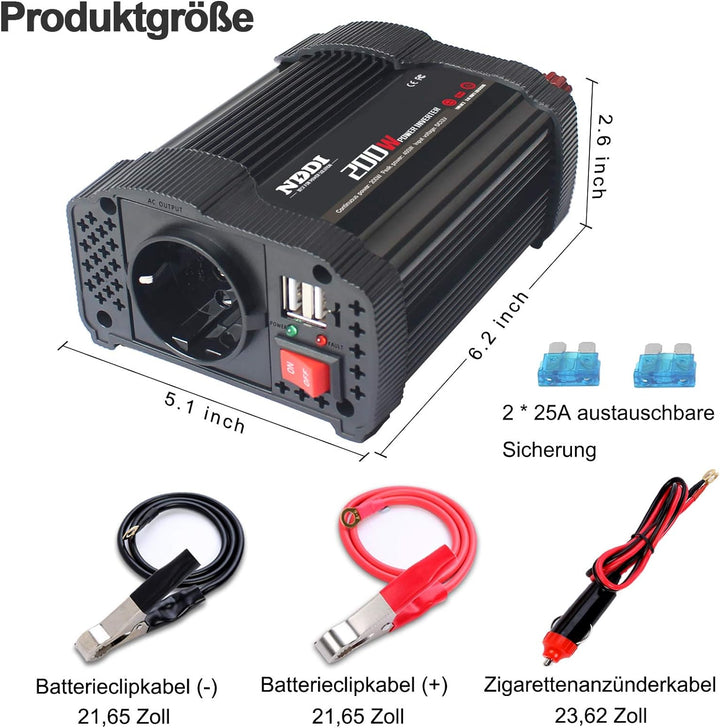 NDDI 200W Car Wechselrichter, 12V DC auf 230V AC Spannungswandler mit Dual USB Autoladegerät und 1 A
