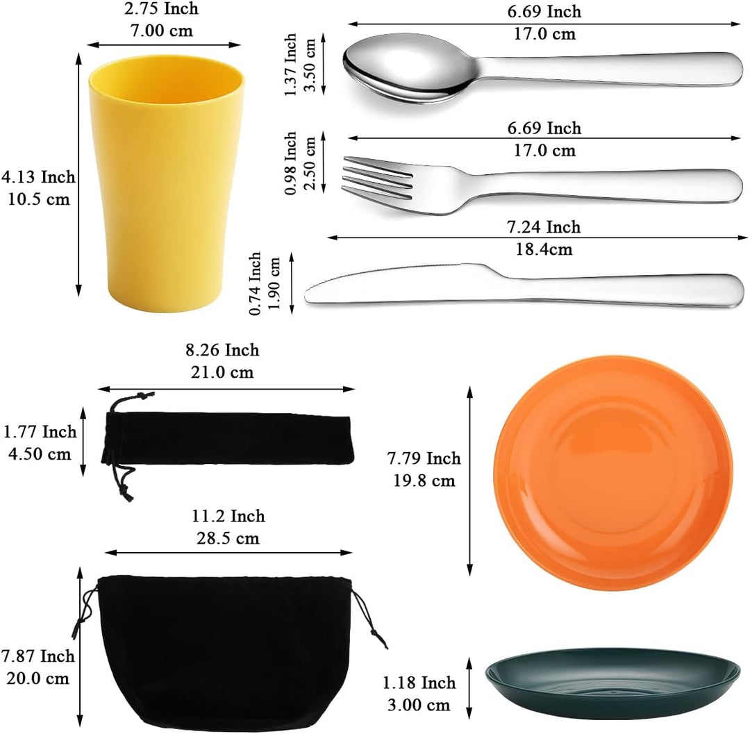 Evanda Camping Besteck Set 20 teilig, wiederverwendbarer Leichter Becher, Teller und Edelstahlbestec