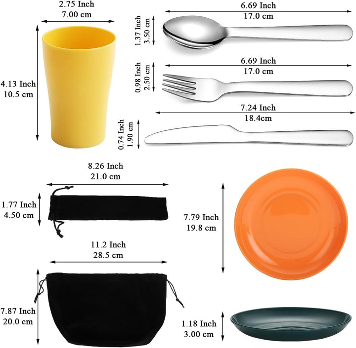 Evanda Camping Besteck Set 20 teilig, wiederverwendbarer Leichter Becher, Teller und Edelstahlbestec