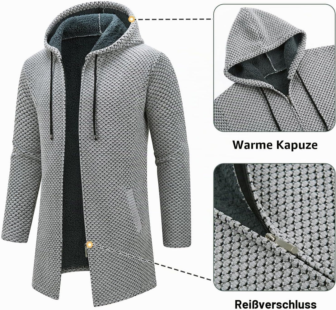 KUDORO Strickjacke Herren Cardigan Lang Trachtenjacke Kapuze mit Kapuze Gestrickt Pullover Hoodie Wi