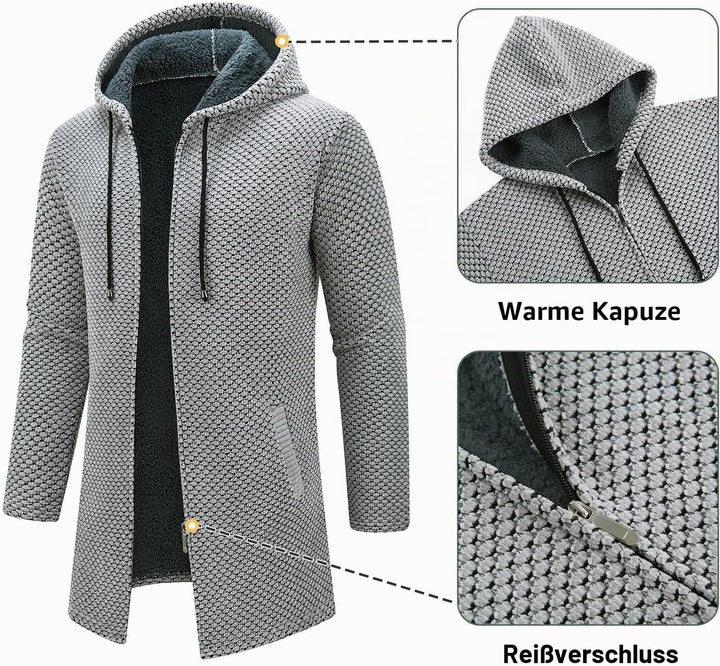 KUDORO Strickjacke Herren Cardigan Lang Trachtenjacke Kapuze mit Kapuze Gestrickt Pullover Hoodie Wi