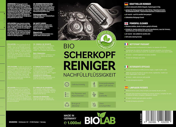 BIOLAB Bio Scherkopfreiniger (1000 ml) Nachfüllflüssigkeit für Clean & Renew, passend für Braun Seri
