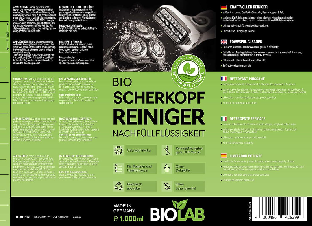 BIOLAB Bio Scherkopfreiniger (1000 ml) Nachfüllflüssigkeit für Clean &amp; Renew, passend für Braun Seri