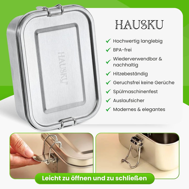 Brotdose Edelstahl mit Fächern 1400 ml - Lunchbox mit Bewegliche Trennwand und Besteck, Auslaufsiche