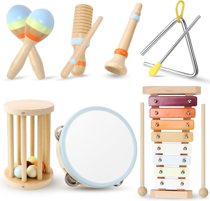 Jeinbuil Musikinstrumente 7er Set für Kinder, Holzspielzeug Kinderspielzeug ab 3 Jahre Xylophon Trom