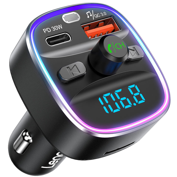 LENCENT Bluetooth 5.4 FM Transmitter Auto Adapter 48W [PD 30W & 18W] [7 Farben Licht] [Schnelles Auf