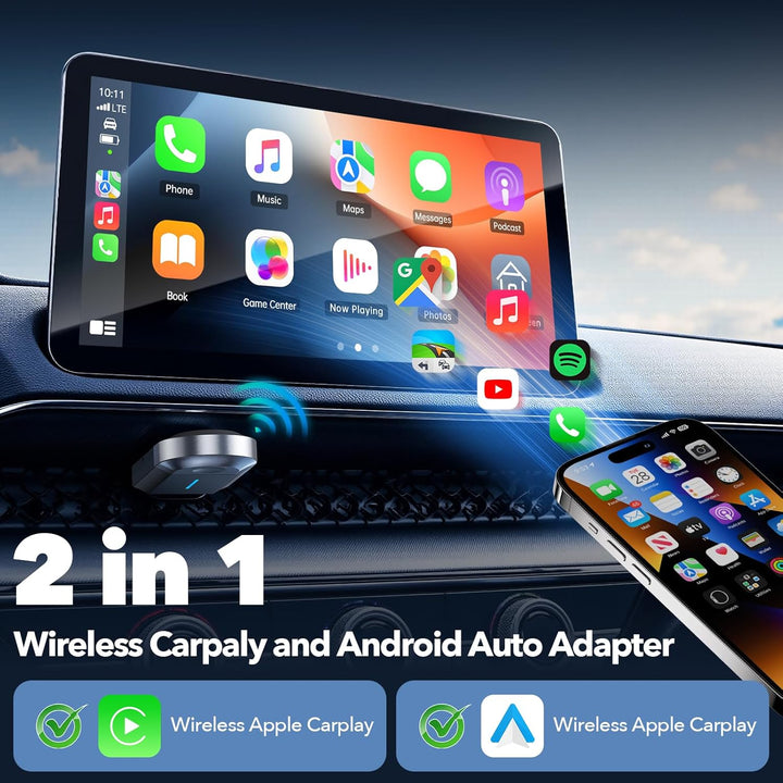 LAMTTO 2-in-1 Wireless CarPlay Adapter, Klein Carplay&Android Auto Wireless Adapter mit USB-C/A, Plu