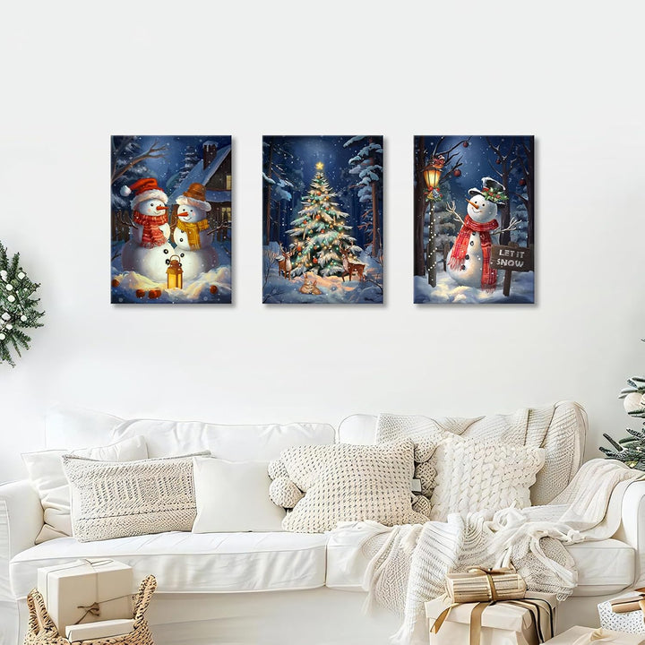 3Pcs Leinwandbilder Bilder mit Rahmen Blau Weihnachten Schnee Schauplatz bild auf leinwand Schneeman