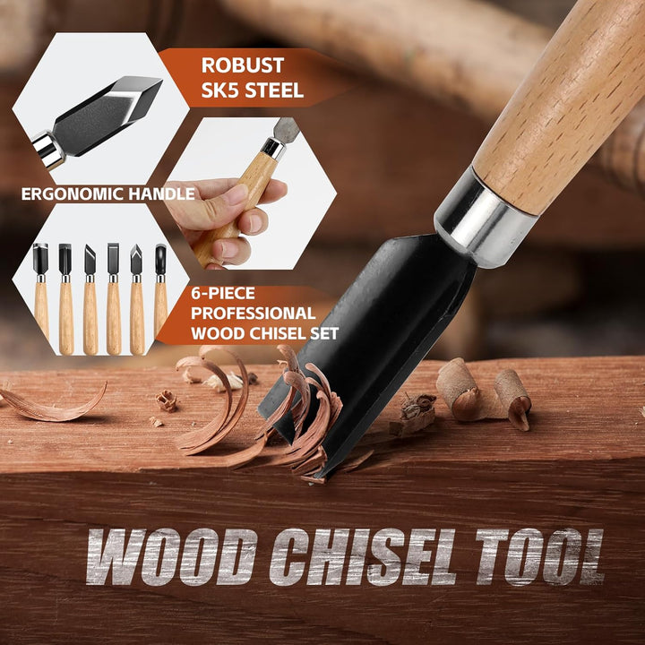 Stechbeitel Set für Holz 6tlg Schnitzwerkzeug für Holz Stemmeisen HolzmeissEl Stecheisen Satz zur Ho