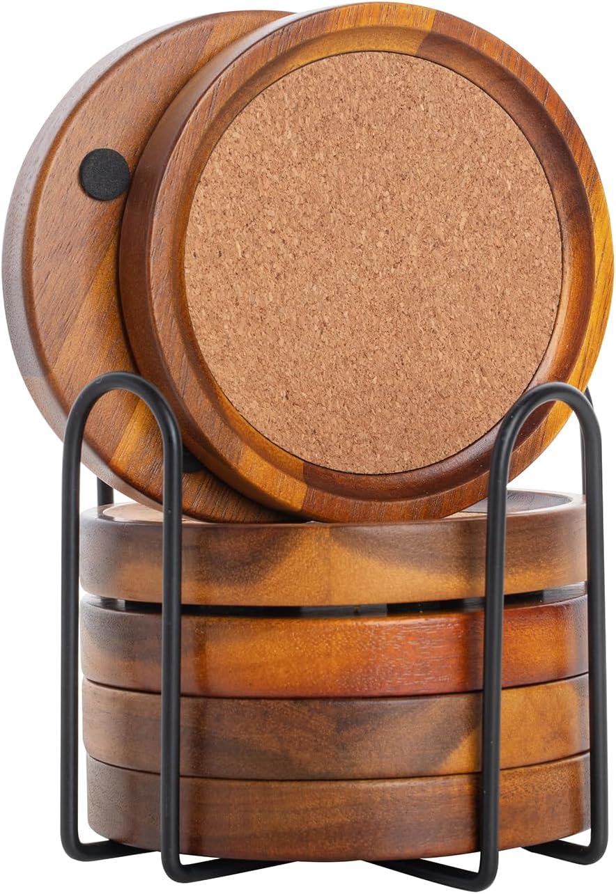Holz Untersetzer Rund für Gläser 6er Set, Glasuntersetzer aus Akazienholz und Kork mit Halter, Unter