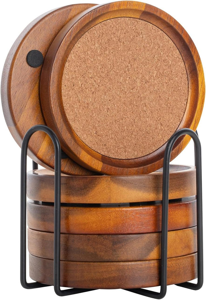 Holz Untersetzer Rund für Gläser 6er Set, Glasuntersetzer aus Akazienholz und Kork mit Halter, Unter