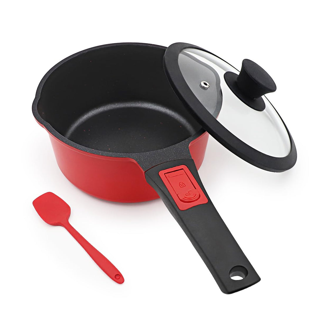 Kasserolle 18cm mit Deckel, 2L Antihaft-Stielkasserolle mit Abnehmbarer Griff, Milchtopf Geeignet fü