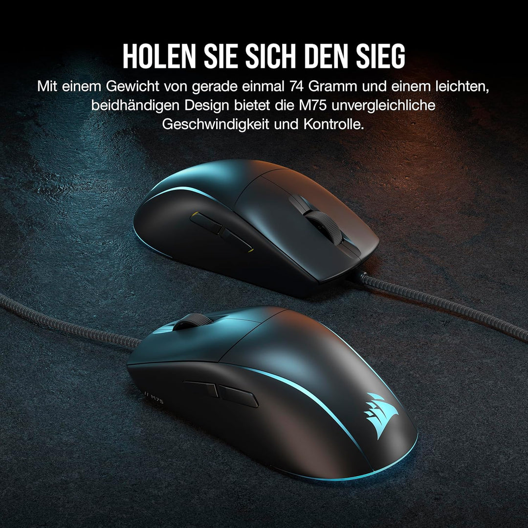 Corsair M75 Wired RGB Leichte FPS Gaming-Maus – 26.000 DPI – Austauschbare Seitentasten – PC – Schwa