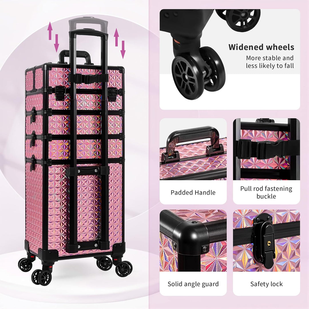 Arous 5-in-1 Profi-Kosmetikkoffer, Aluminium, mit 360° drehbaren Rädern Rosa, Rosa
