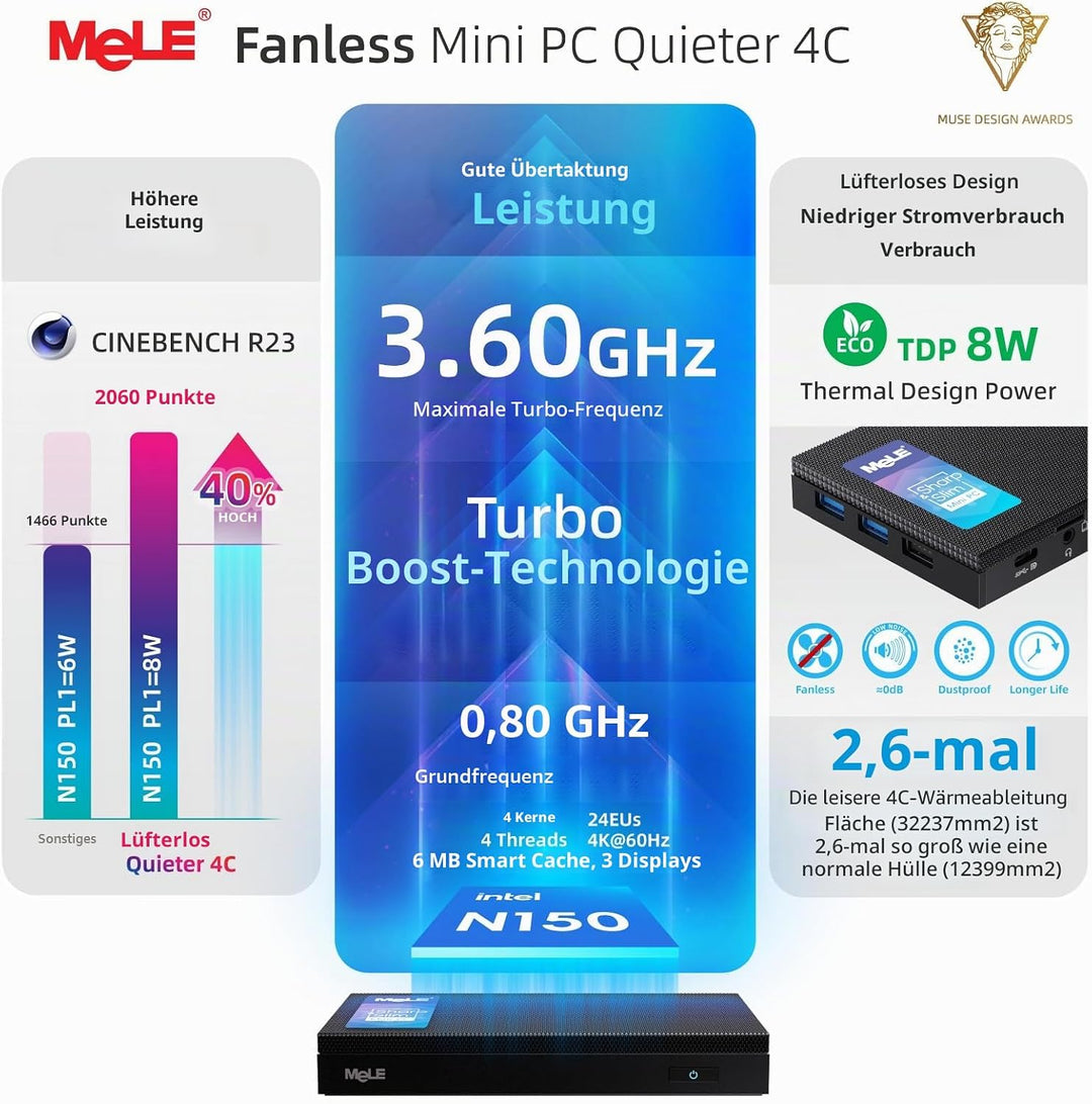 MeLE Quieter 4C Mini-PC, N150 16GB 512GB, with Windows 11 Pro 4K HDMI USBC | N150 bis zu 3.6GHz, 16G