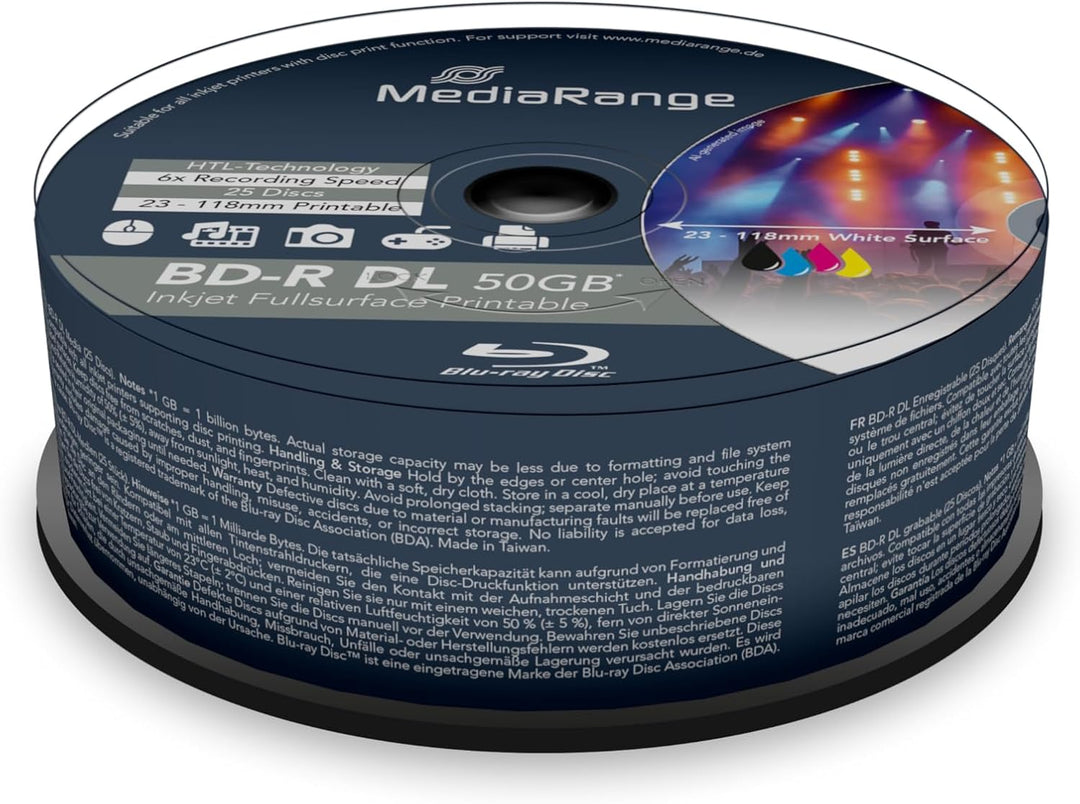 MediaRange BD-R Dual Layer 50GB 6-Fache Schreibgeschwindigkeit, Vollflächig bedruckbar, 25er Cakebox