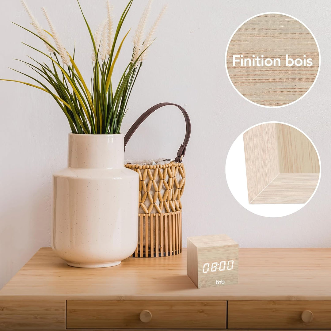 T'NB - Moderner digitaler Wecker aus Holz, multifunktionaler LED-Wecker, digitale Uhr mit Zeitanzeig