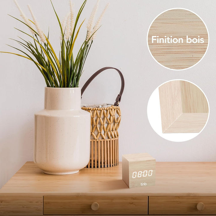 T'NB - Moderner digitaler Wecker aus Holz, multifunktionaler LED-Wecker, digitale Uhr mit Zeitanzeig